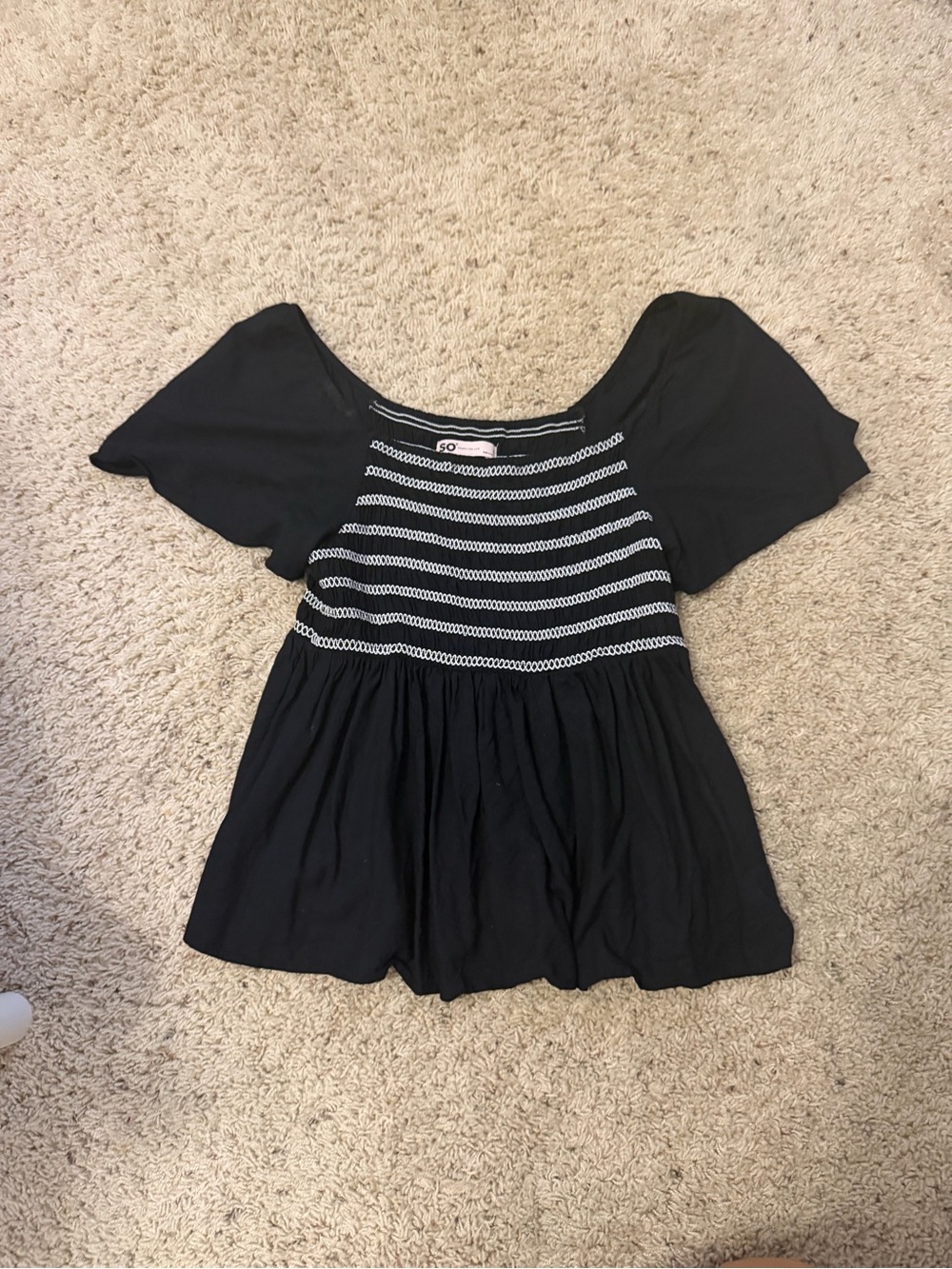 SO Black Short Sleeve Babydoll Top with White Stripe Bodice
